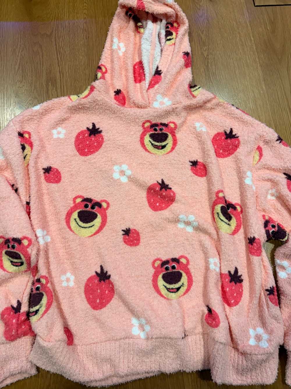 Pink plush hoodie featuring Lotso & Strawberry